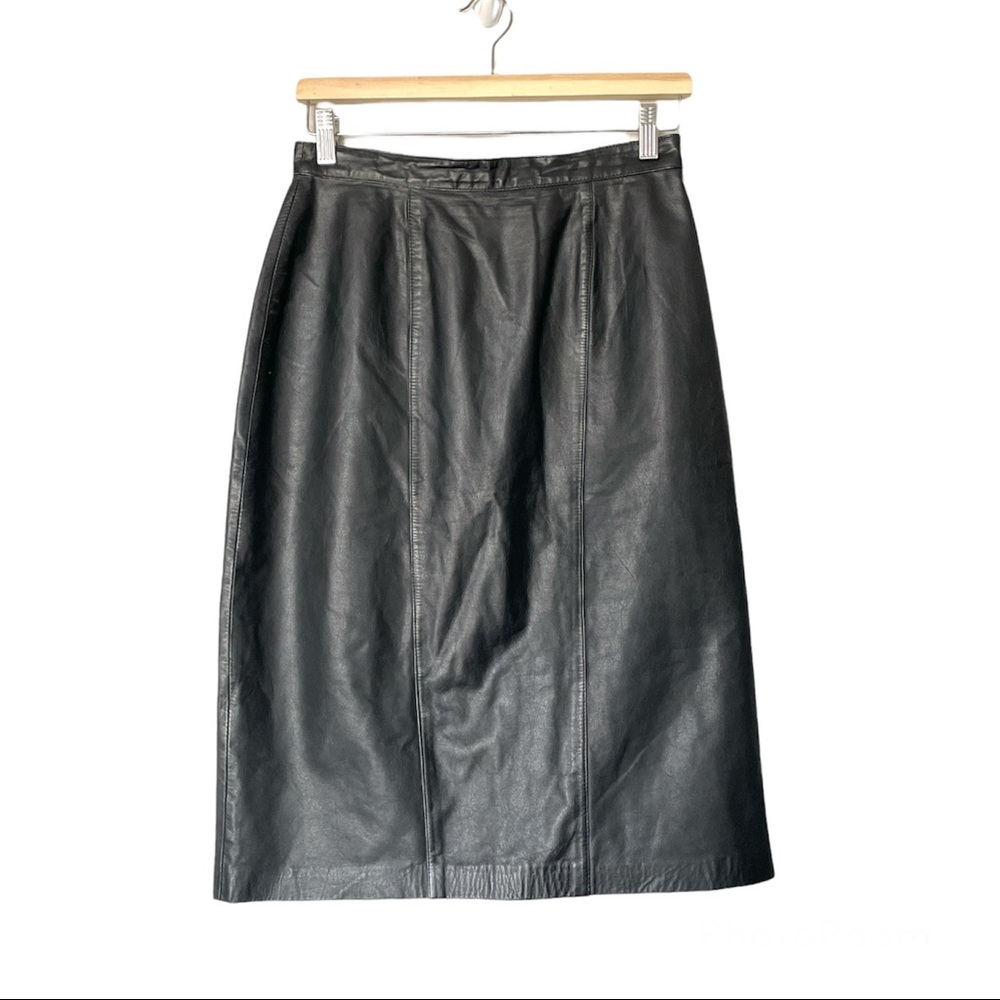 Vintage Dana Brook 100% Leather Black Midi Skirt Knee Length Size 10